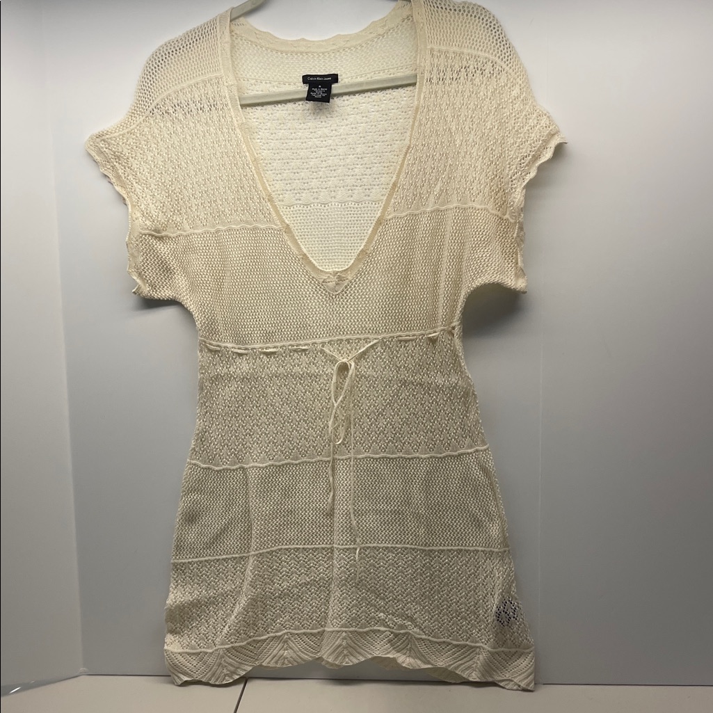 Calvin Klein Jeans Light Khaki Knitted Crochet Boho Festival Shirt Swim Cover M
